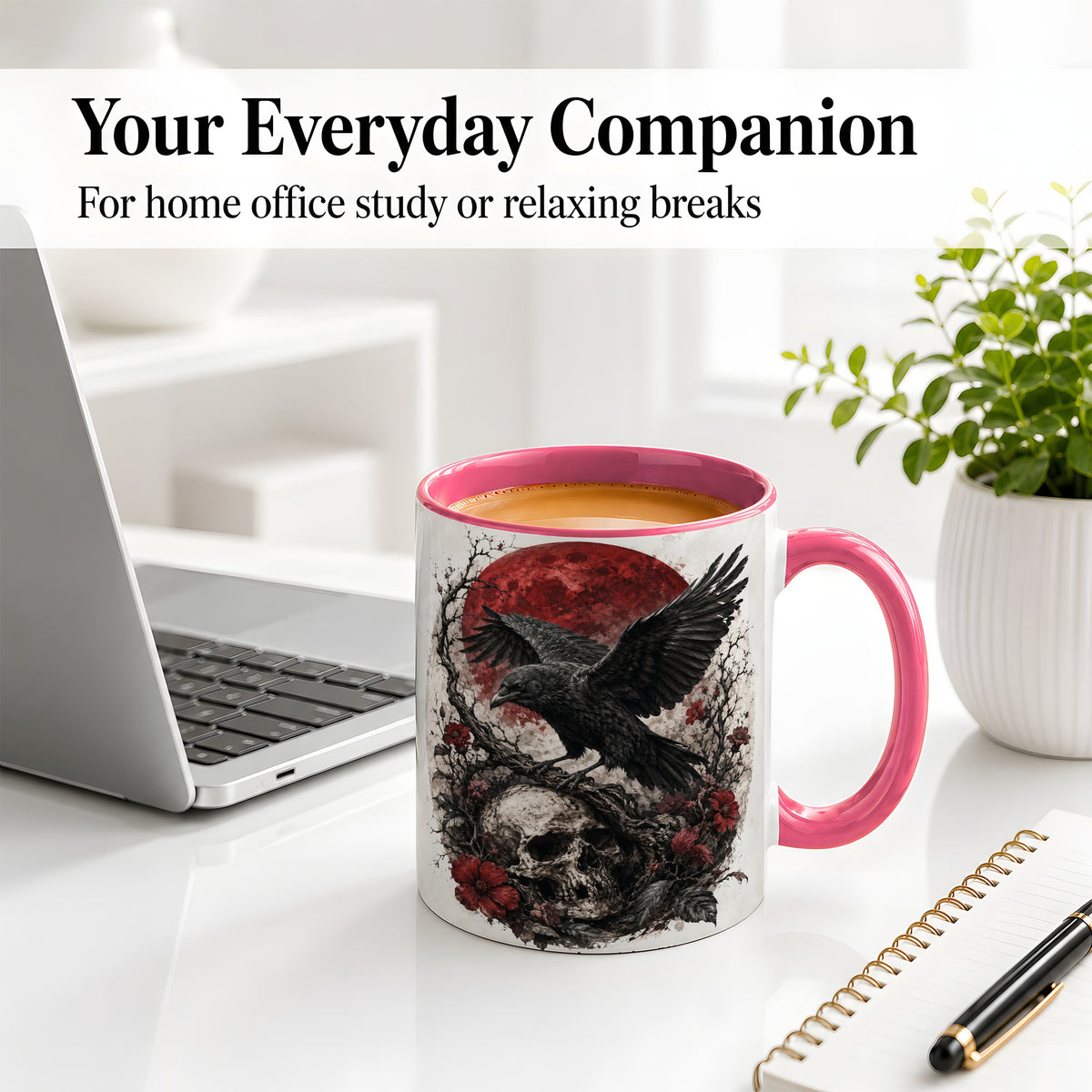 #pl[11oz|Pink] Raven Skull Ceramic Mug, Red Moon Gothic Floral Art for Raven Fans