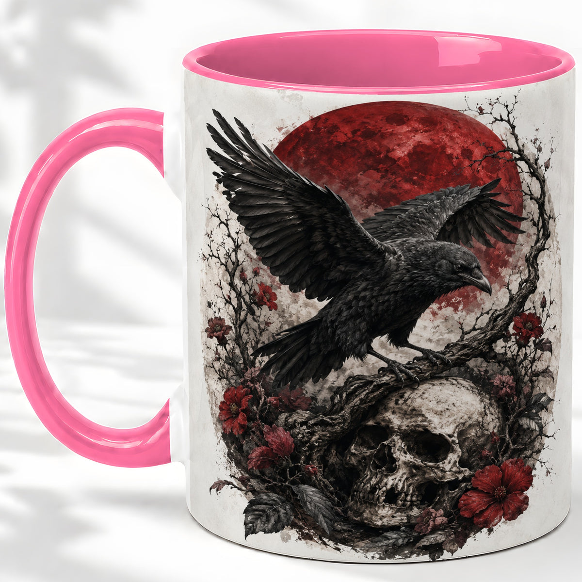 #pl[11oz|Pink] Raven Skull Ceramic Mug, Red Moon Gothic Floral Art for Raven Fans