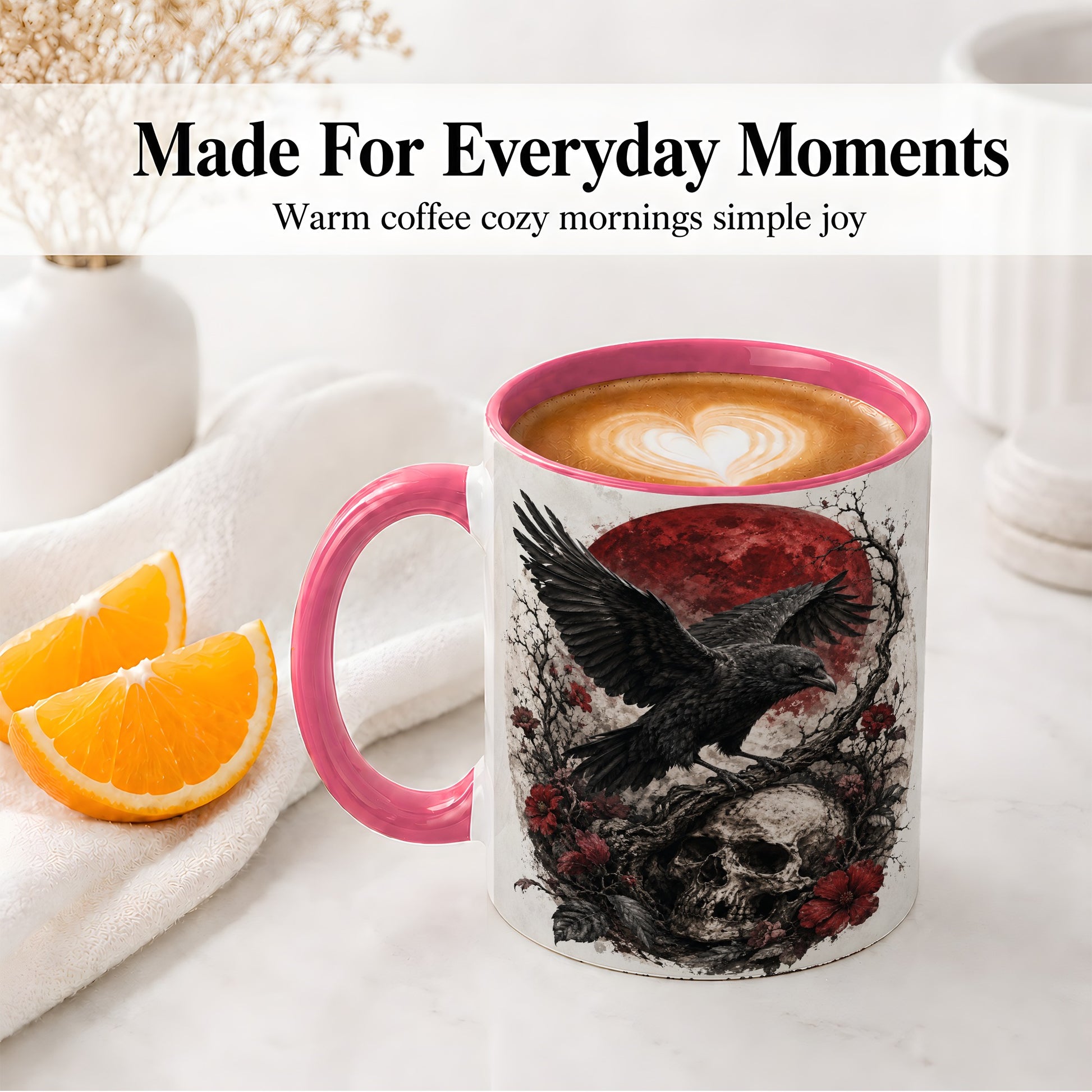 #pl[11oz|Pink] Raven Skull Ceramic Mug, Red Moon Gothic Floral Art for Raven Fans
