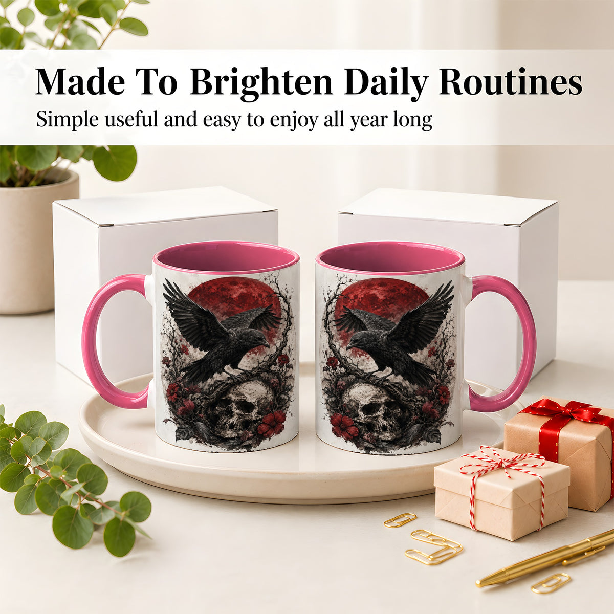 #pl[11oz|Pink] Raven Skull Ceramic Mug, Red Moon Gothic Floral Art for Raven Fans