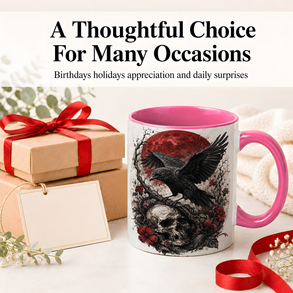 #pl[11oz|Pink] Raven Skull Ceramic Mug, Red Moon Gothic Floral Art for Raven Fans