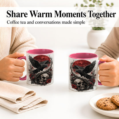 #pl[11oz|Pink] Raven Skull Ceramic Mug, Red Moon Gothic Floral Art for Raven Fans