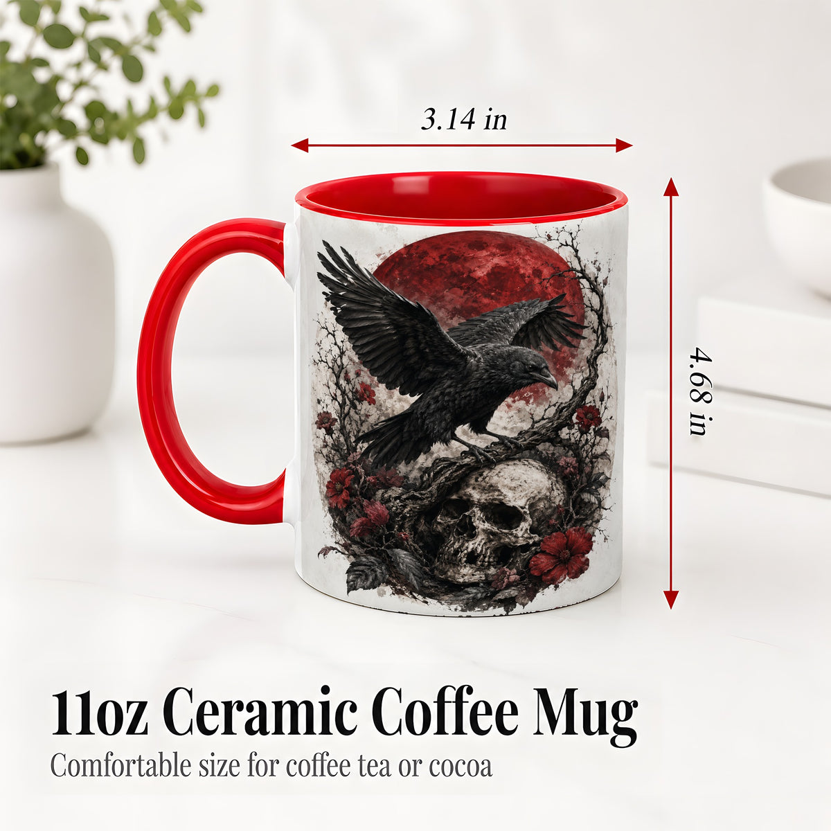 #pl[11oz|Red] Raven Skull Ceramic Mug, Red Moon Gothic Floral Art for Raven Fans