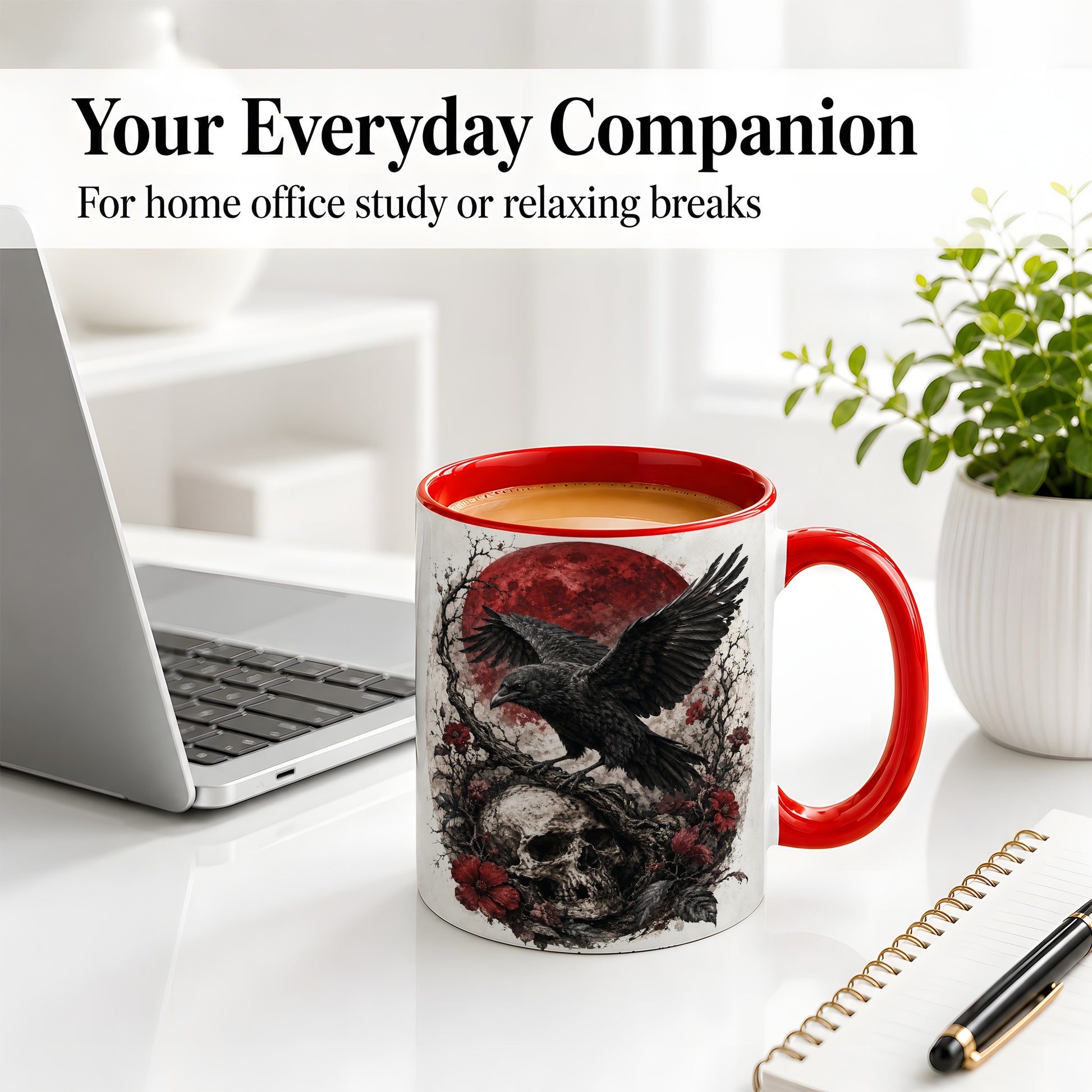 #pl[11oz|Red] Raven Skull Ceramic Mug, Red Moon Gothic Floral Art for Raven Fans