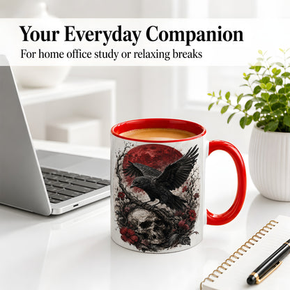 #pl[11oz|Red] Raven Skull Ceramic Mug, Red Moon Gothic Floral Art for Raven Fans