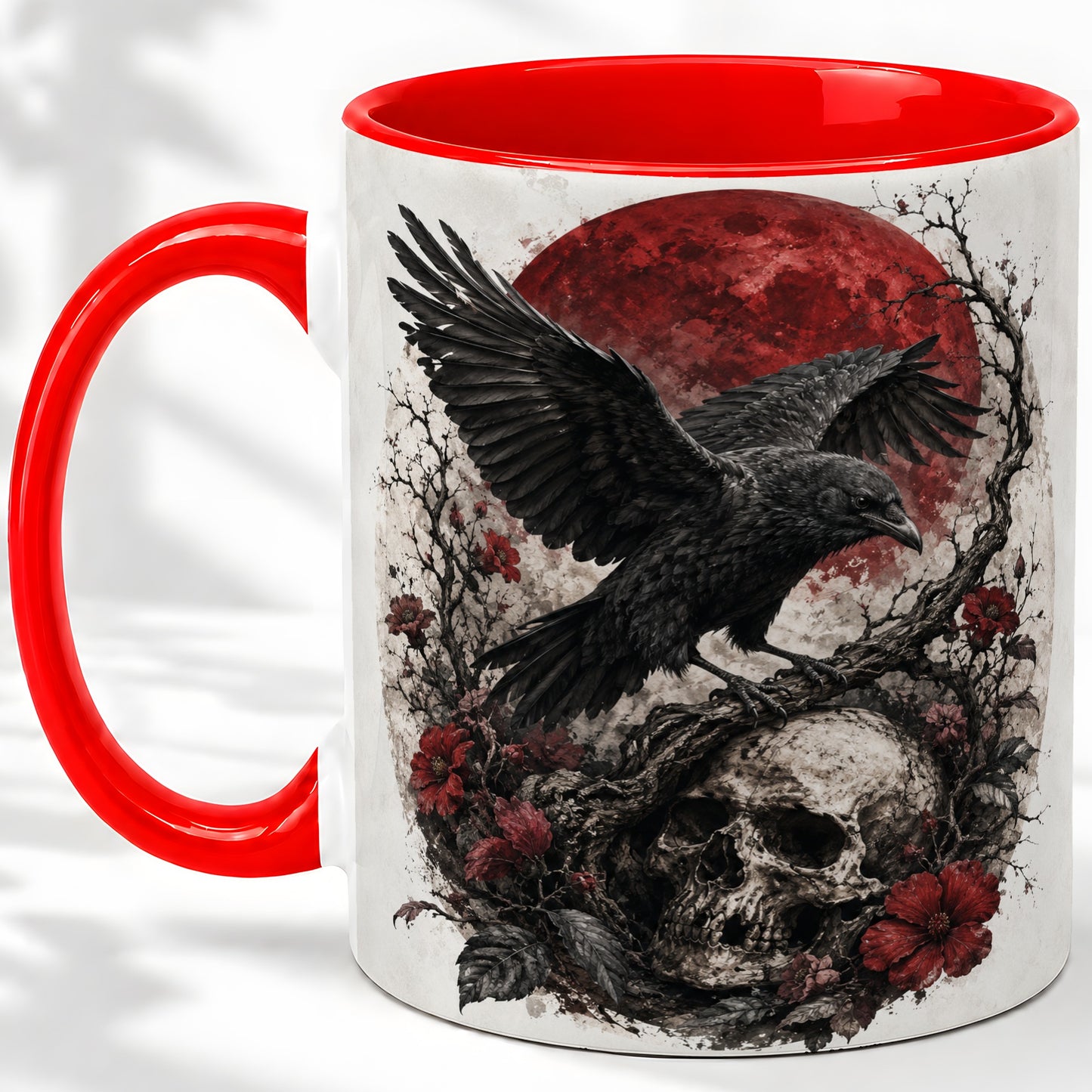 Raven Skull Ceramic Mug, Red Moon Gothic Floral Art for Raven Fans