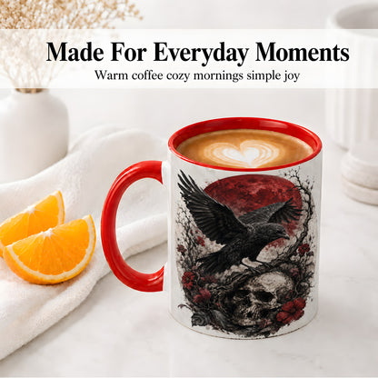 #pl[11oz|Red] Raven Skull Ceramic Mug, Red Moon Gothic Floral Art for Raven Fans