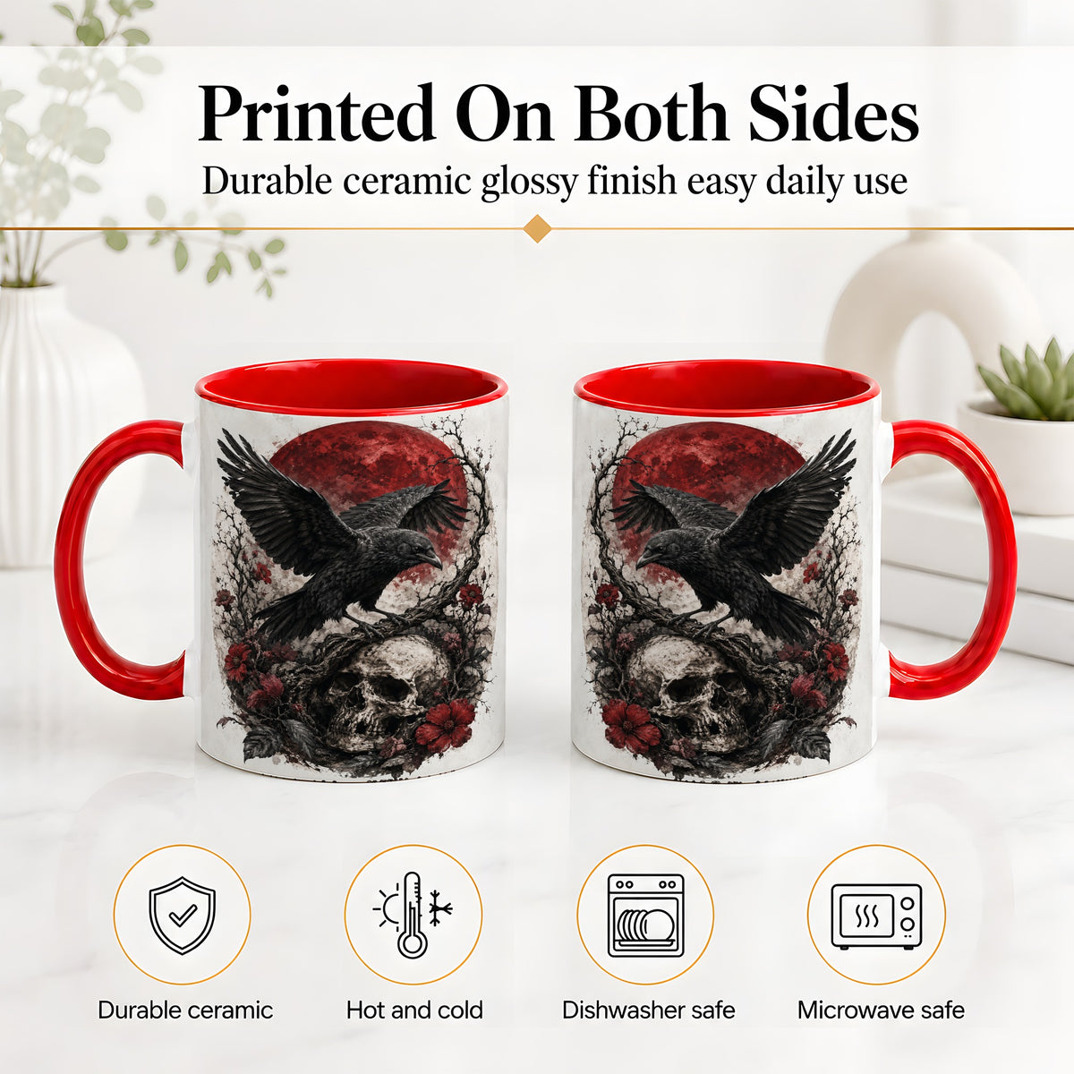 #pl[11oz|Red] Raven Skull Ceramic Mug, Red Moon Gothic Floral Art for Raven Fans