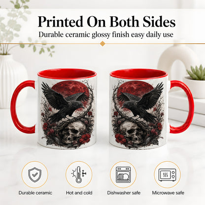 #pl[11oz|Red] Raven Skull Ceramic Mug, Red Moon Gothic Floral Art for Raven Fans