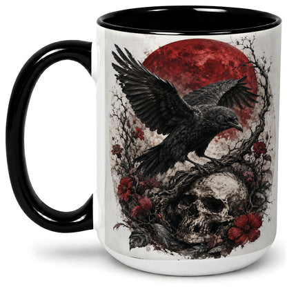 #pl[15oz|Black] Raven Skull Ceramic Mug, Red Moon Gothic Floral Art for Raven Fans