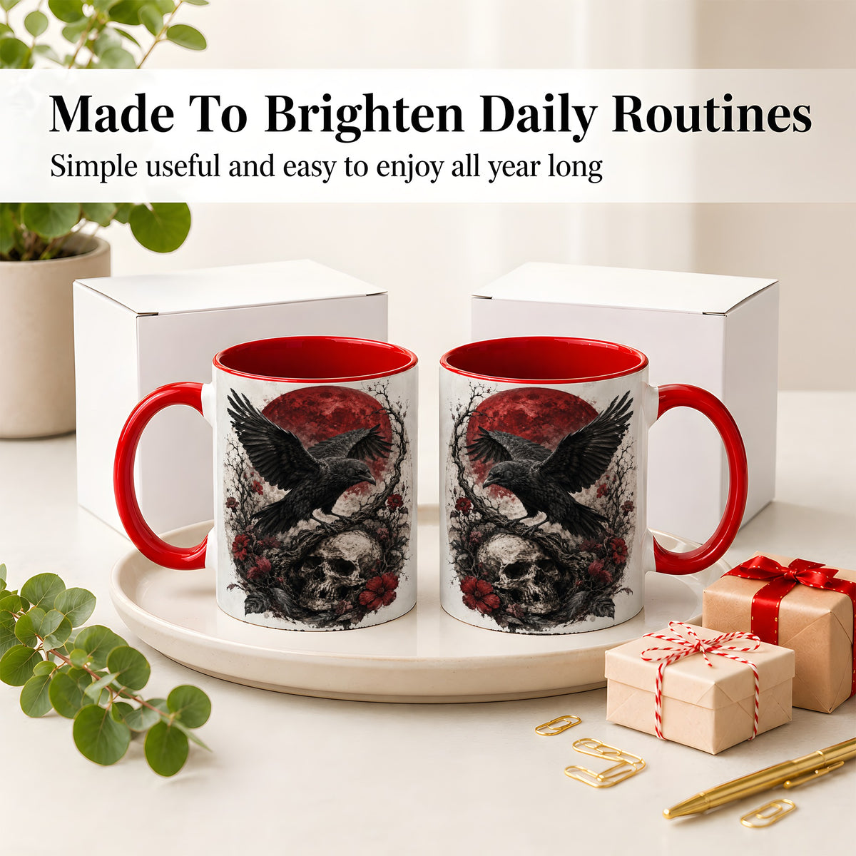 #pl[11oz|Red] Raven Skull Ceramic Mug, Red Moon Gothic Floral Art for Raven Fans