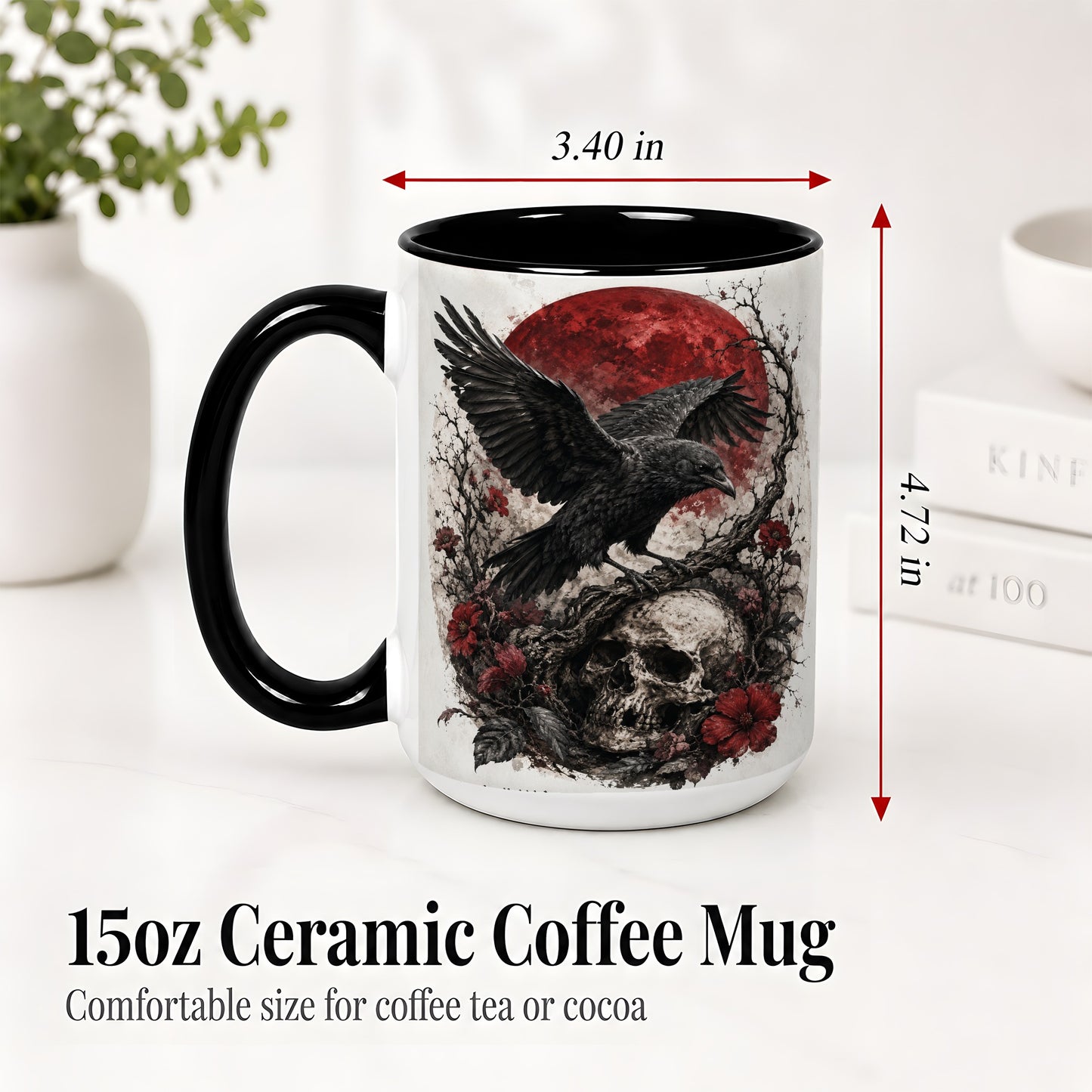 #pl[15oz|Black] Raven Skull Ceramic Mug, Red Moon Gothic Floral Art for Raven Fans