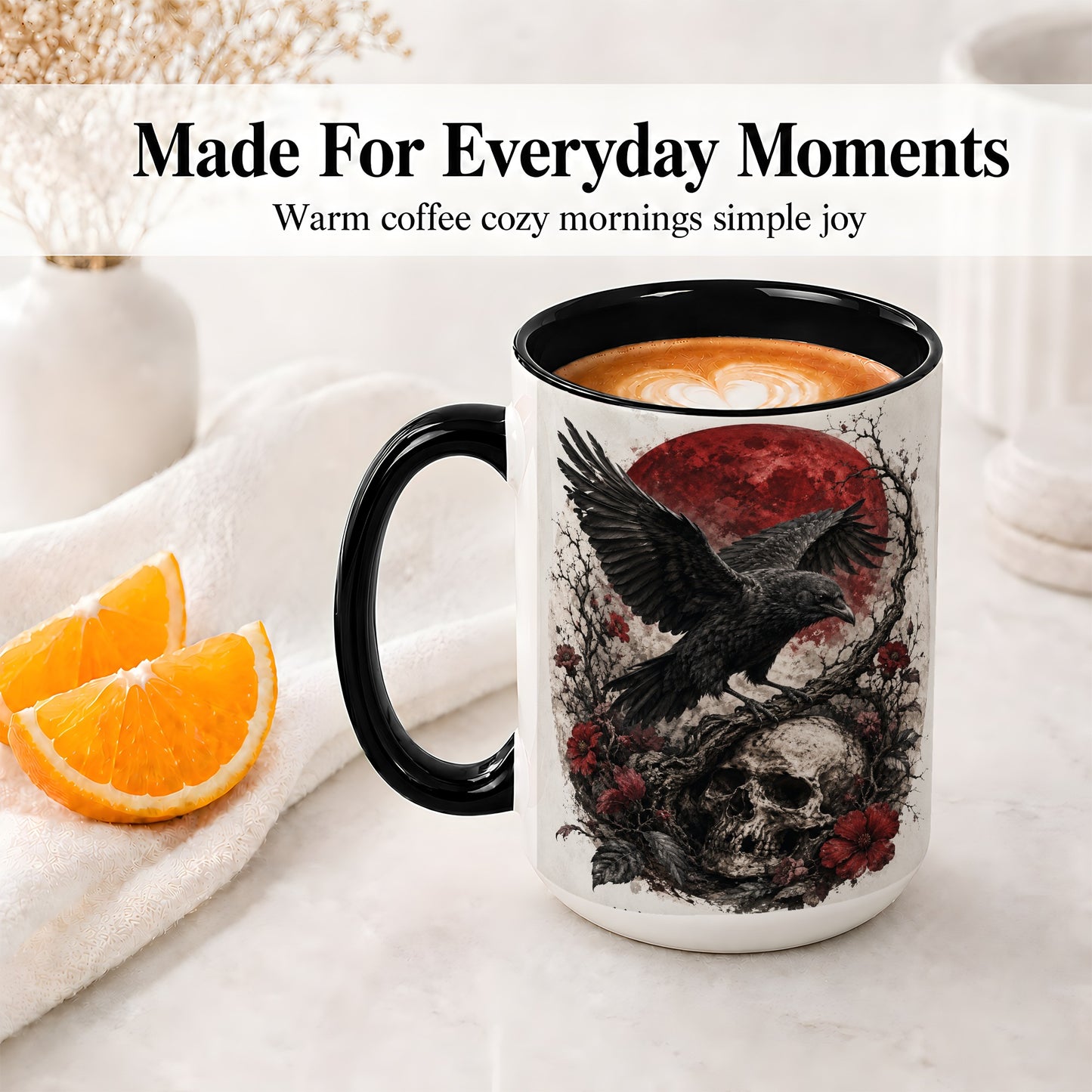 #pl[15oz|Black] Raven Skull Ceramic Mug, Red Moon Gothic Floral Art for Raven Fans