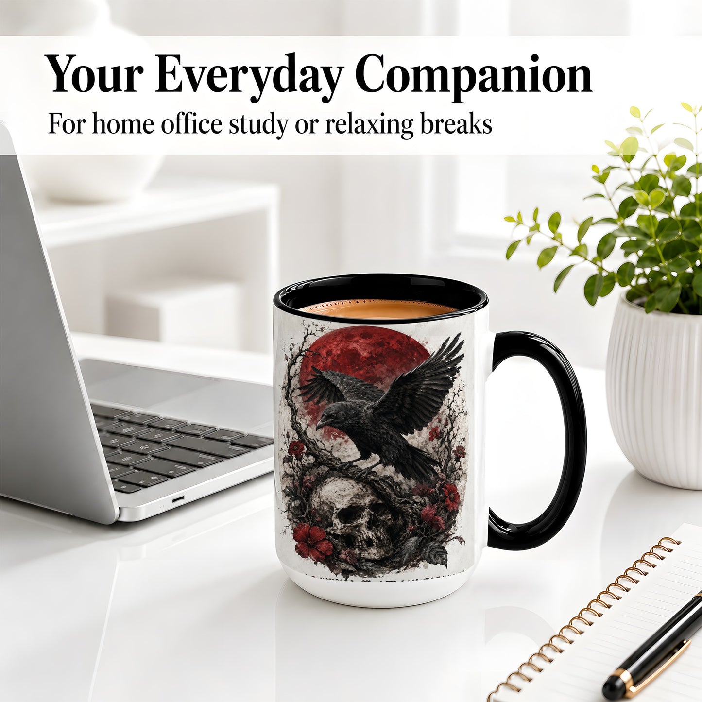 #pl[15oz|Black] Raven Skull Ceramic Mug, Red Moon Gothic Floral Art for Raven Fans