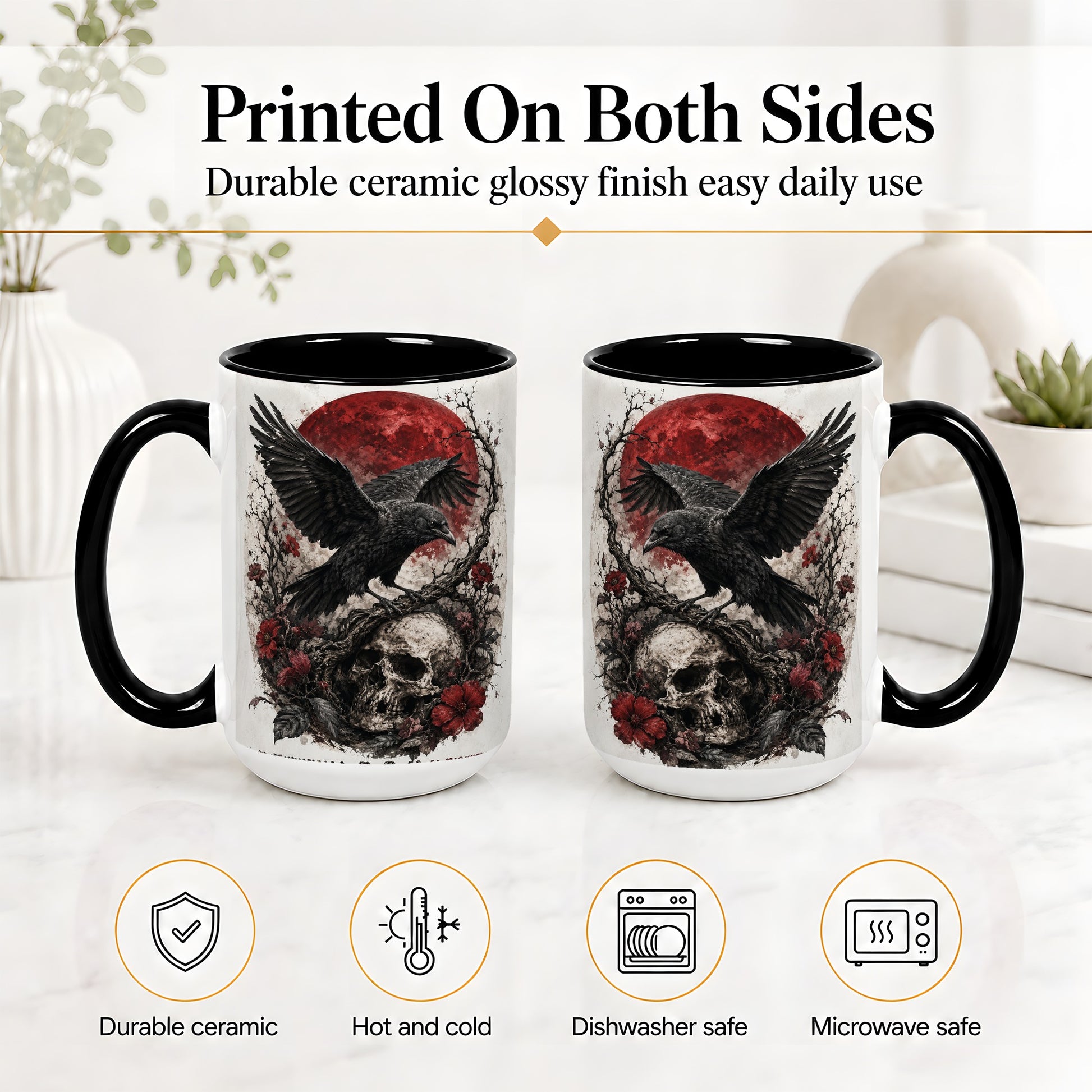 #pl[15oz|Black] Raven Skull Ceramic Mug, Red Moon Gothic Floral Art for Raven Fans
