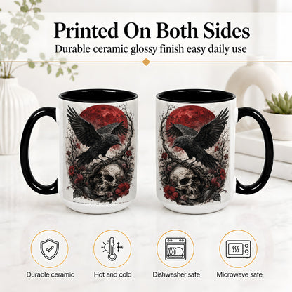 #pl[15oz|Black] Raven Skull Ceramic Mug, Red Moon Gothic Floral Art for Raven Fans