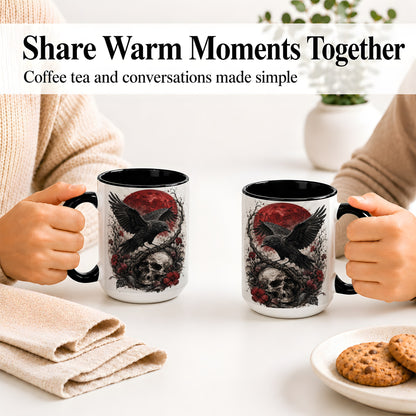 #pl[15oz|Black] Raven Skull Ceramic Mug, Red Moon Gothic Floral Art for Raven Fans