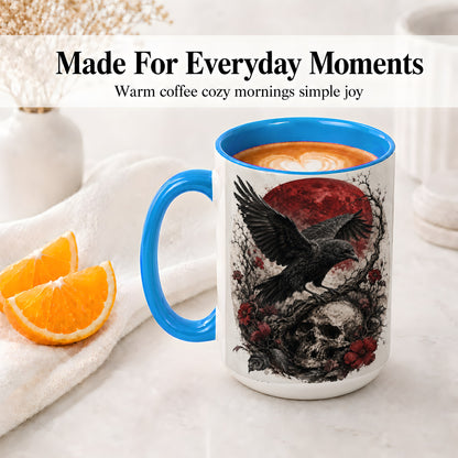 #pl[15oz|Blue] Raven Skull Ceramic Mug, Red Moon Gothic Floral Art for Raven Fans
