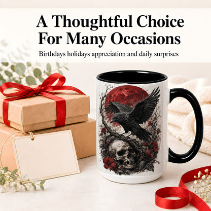 #pl[15oz|Black] Raven Skull Ceramic Mug, Red Moon Gothic Floral Art for Raven Fans