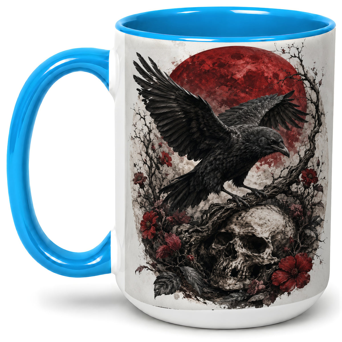 #pl[15oz|Blue] Raven Skull Ceramic Mug, Red Moon Gothic Floral Art for Raven Fans