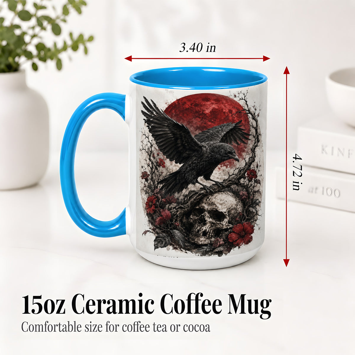 #pl[15oz|Blue] Raven Skull Ceramic Mug, Red Moon Gothic Floral Art for Raven Fans