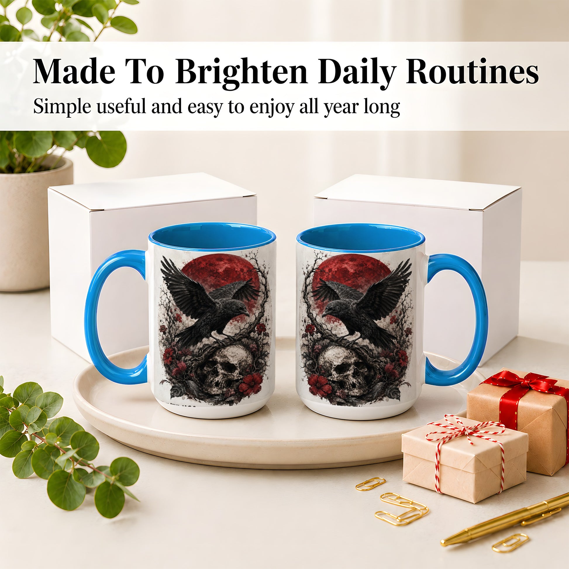 #pl[15oz|Blue] Raven Skull Ceramic Mug, Red Moon Gothic Floral Art for Raven Fans