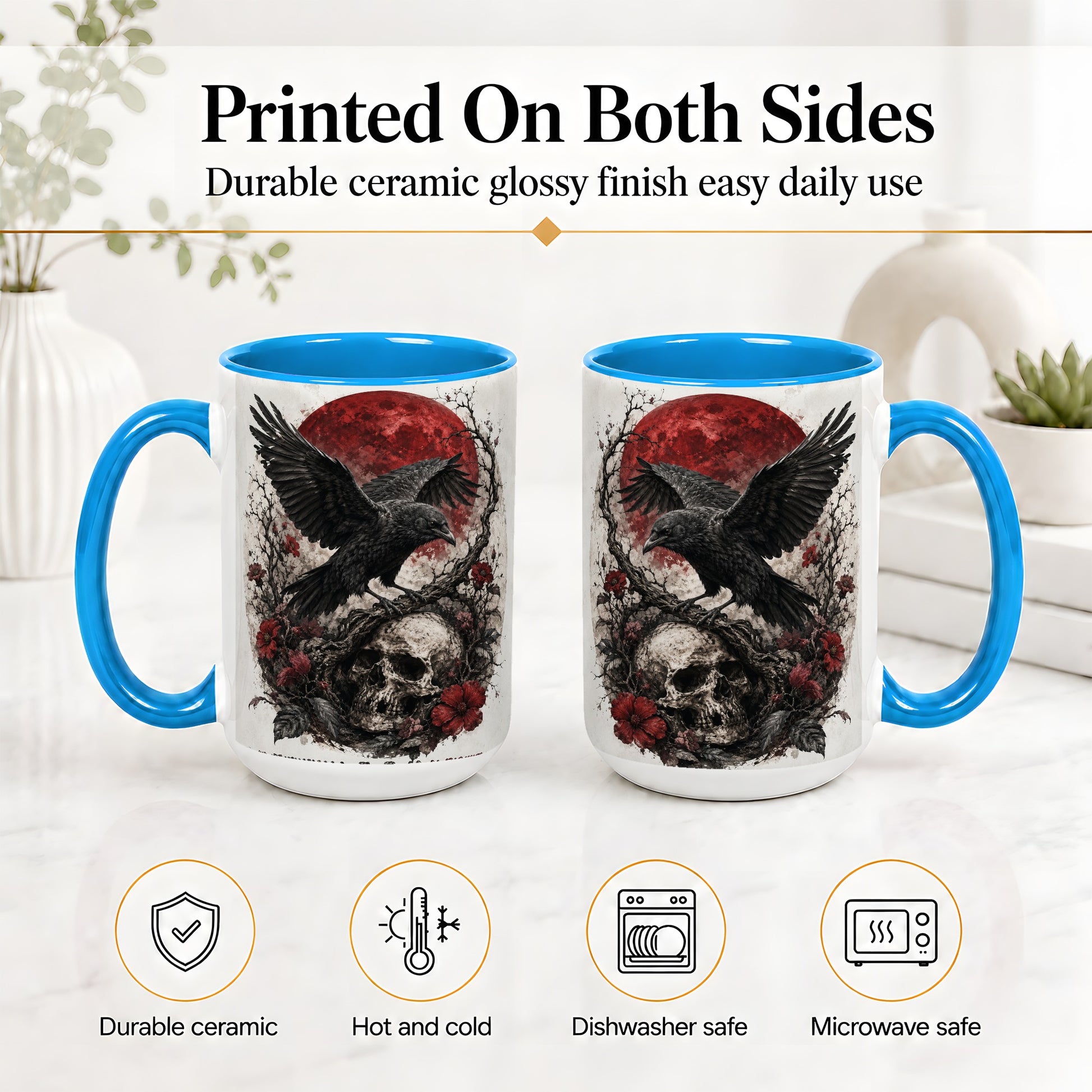 #pl[15oz|Blue] Raven Skull Ceramic Mug, Red Moon Gothic Floral Art for Raven Fans