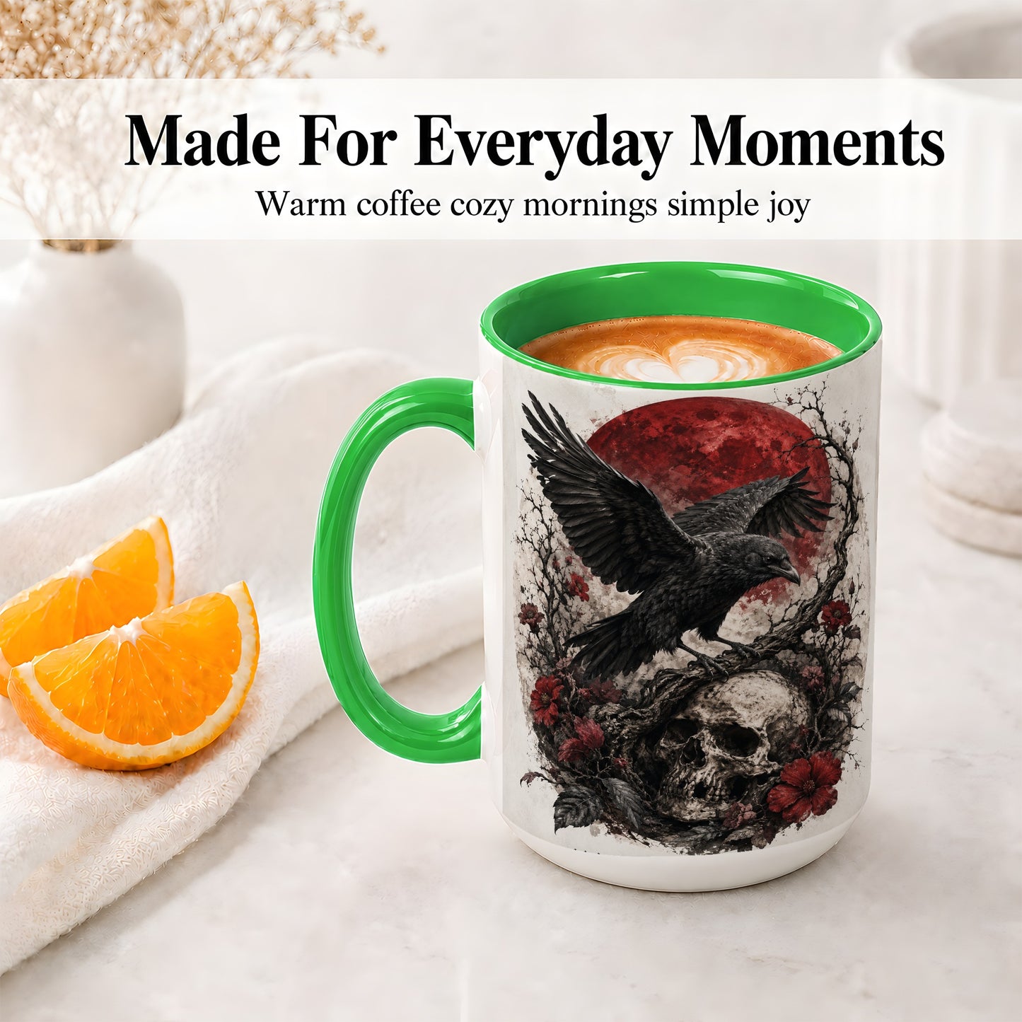 #pl[15oz|Green] Raven Skull Ceramic Mug, Red Moon Gothic Floral Art for Raven Fans