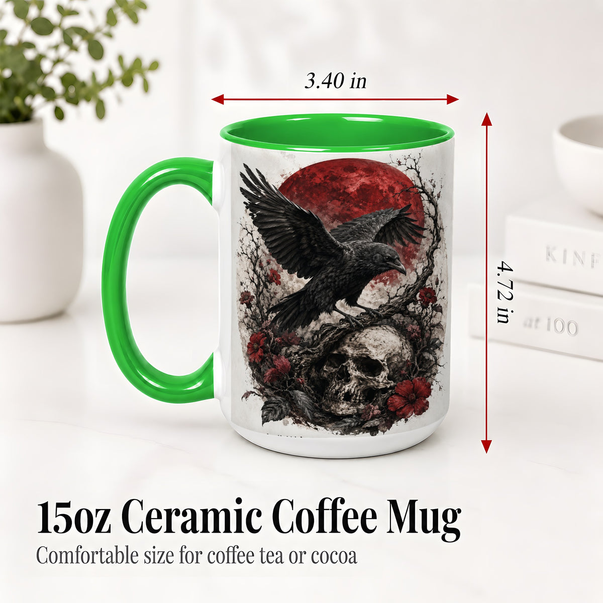 #pl[15oz|Green] Raven Skull Ceramic Mug, Red Moon Gothic Floral Art for Raven Fans