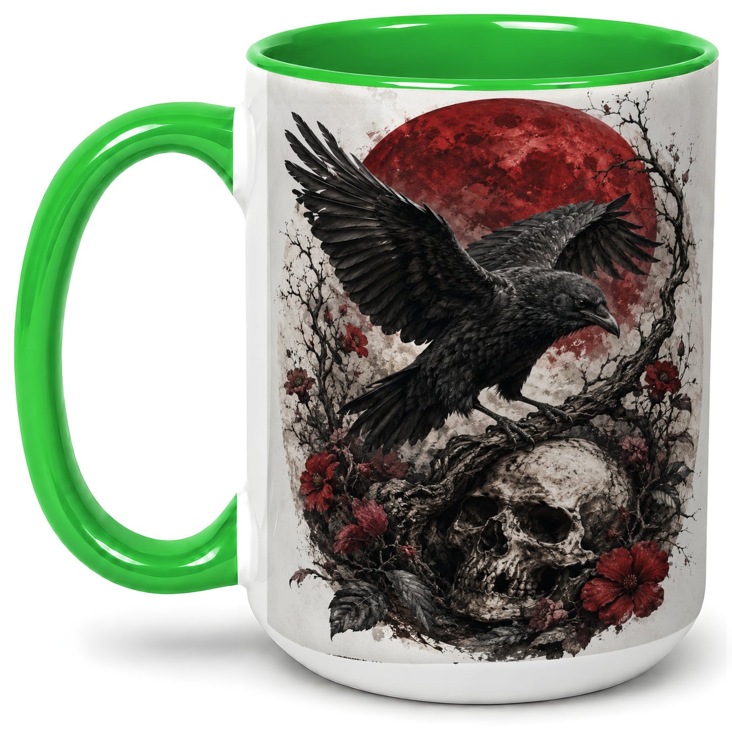 #pl[15oz|Green] Raven Skull Ceramic Mug, Red Moon Gothic Floral Art for Raven Fans