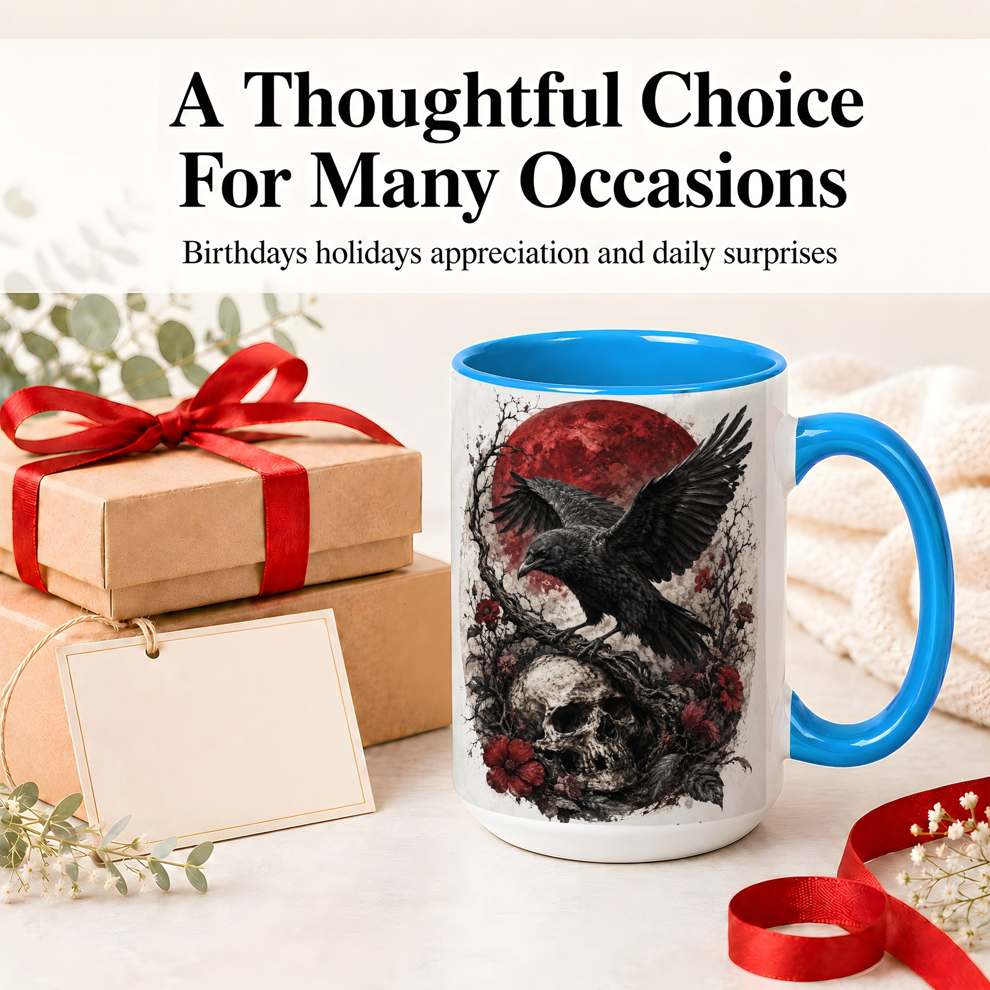 #pl[15oz|Blue] Raven Skull Ceramic Mug, Red Moon Gothic Floral Art for Raven Fans