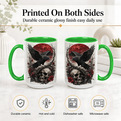 #pl[15oz|Green] Raven Skull Ceramic Mug, Red Moon Gothic Floral Art for Raven Fans