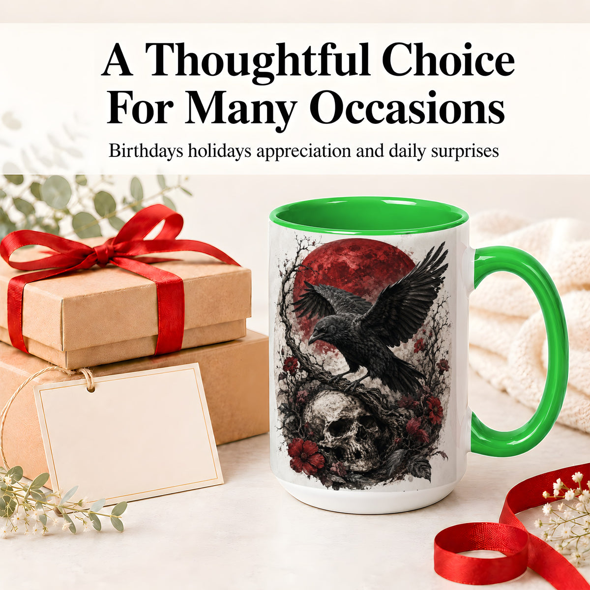#pl[15oz|Green] Raven Skull Ceramic Mug, Red Moon Gothic Floral Art for Raven Fans