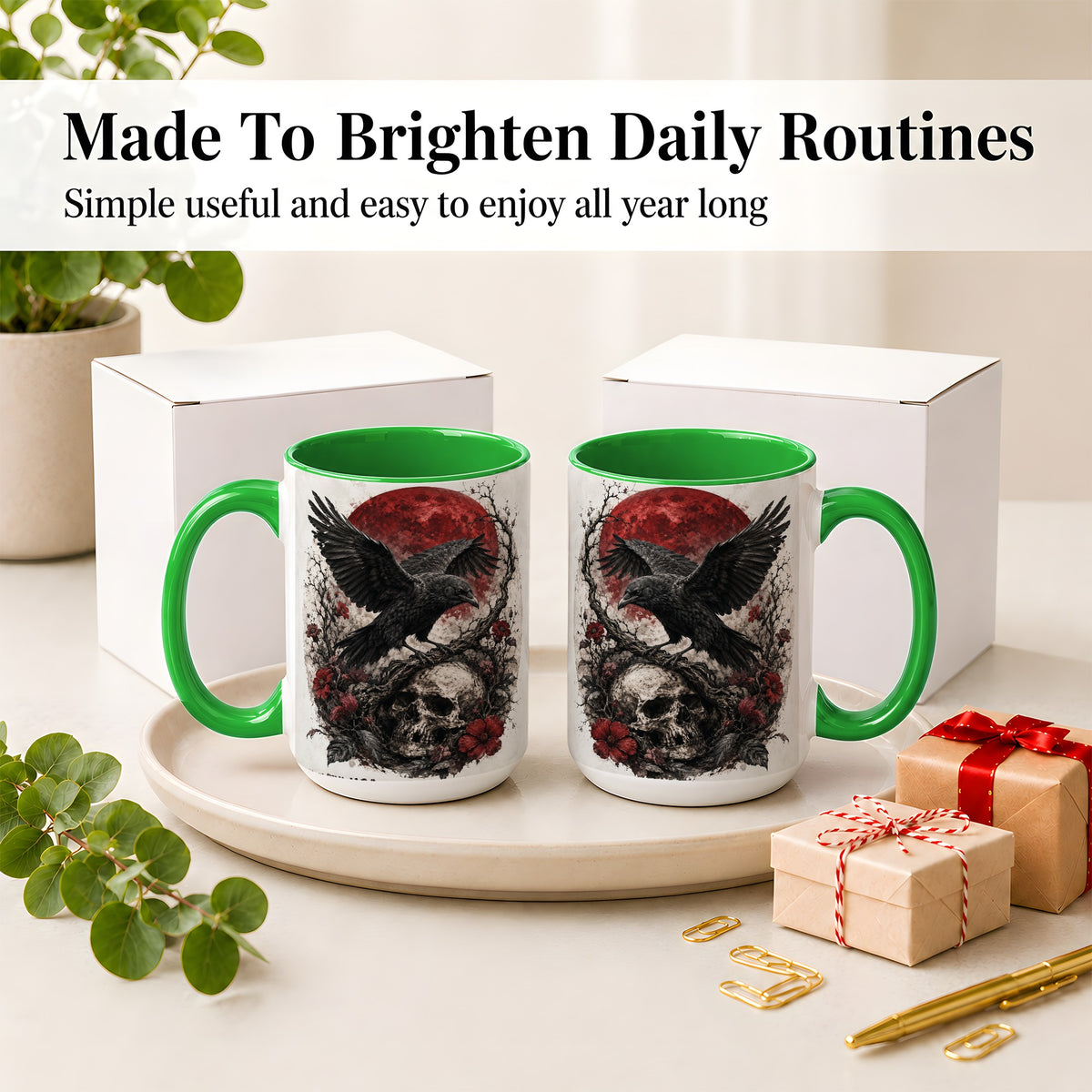 #pl[15oz|Green] Raven Skull Ceramic Mug, Red Moon Gothic Floral Art for Raven Fans