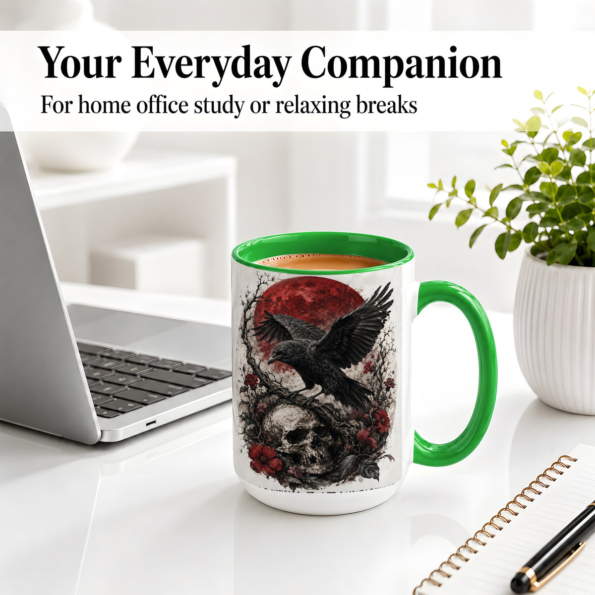 #pl[15oz|Green] Raven Skull Ceramic Mug, Red Moon Gothic Floral Art for Raven Fans