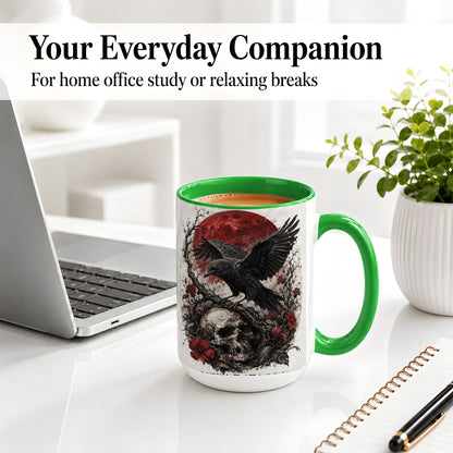 #pl[15oz|Green] Raven Skull Ceramic Mug, Red Moon Gothic Floral Art for Raven Fans