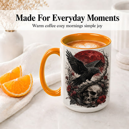 #pl[15oz|Orange] Raven Skull Ceramic Mug, Red Moon Gothic Floral Art for Raven Fans