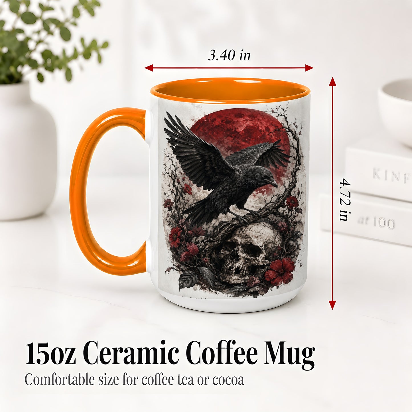 #pl[15oz|Orange] Raven Skull Ceramic Mug, Red Moon Gothic Floral Art for Raven Fans