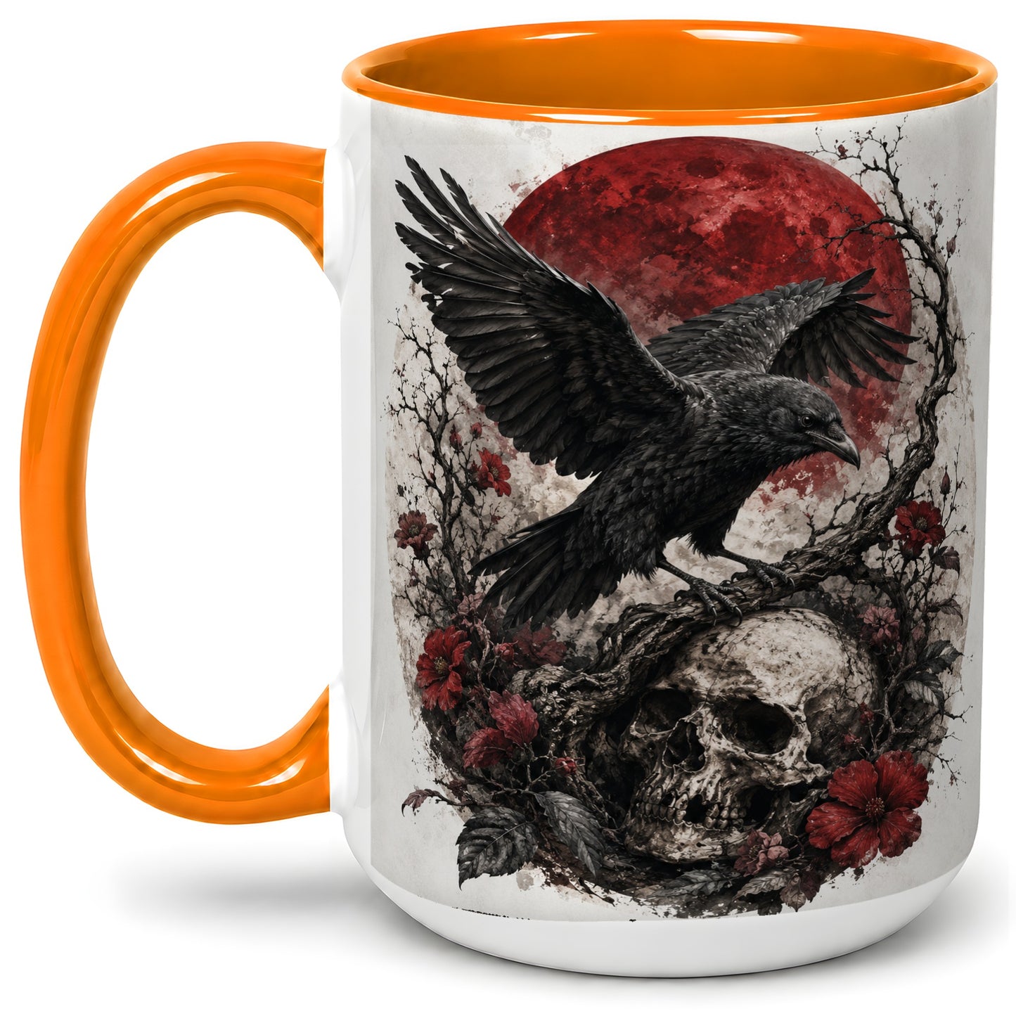 #pl[15oz|Orange] Raven Skull Ceramic Mug, Red Moon Gothic Floral Art for Raven Fans