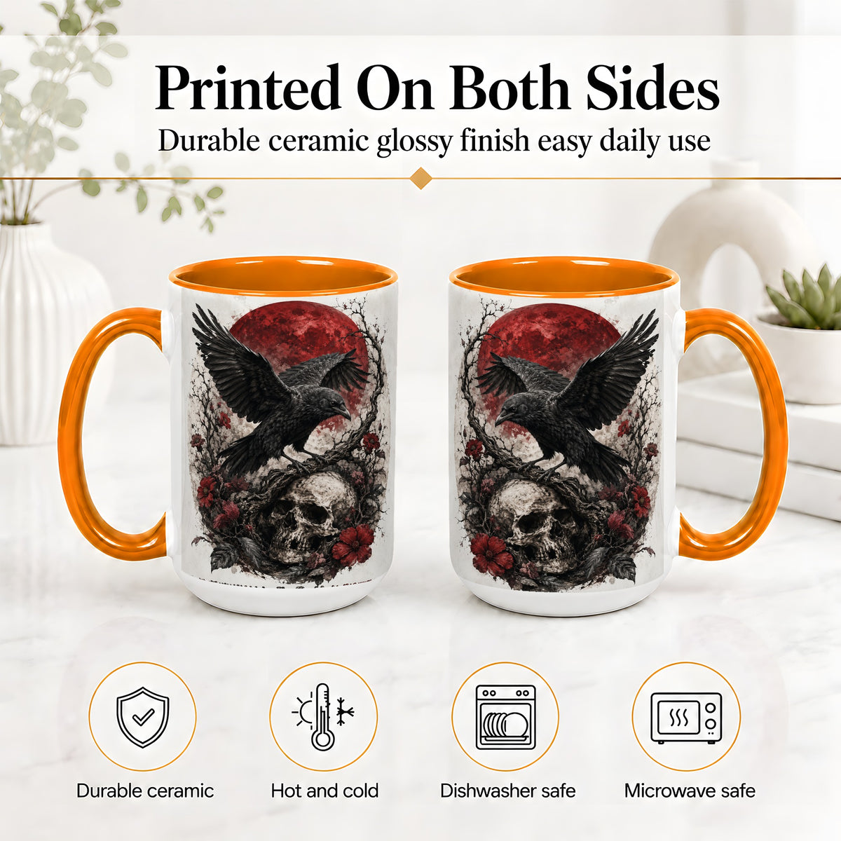 #pl[15oz|Orange] Raven Skull Ceramic Mug, Red Moon Gothic Floral Art for Raven Fans