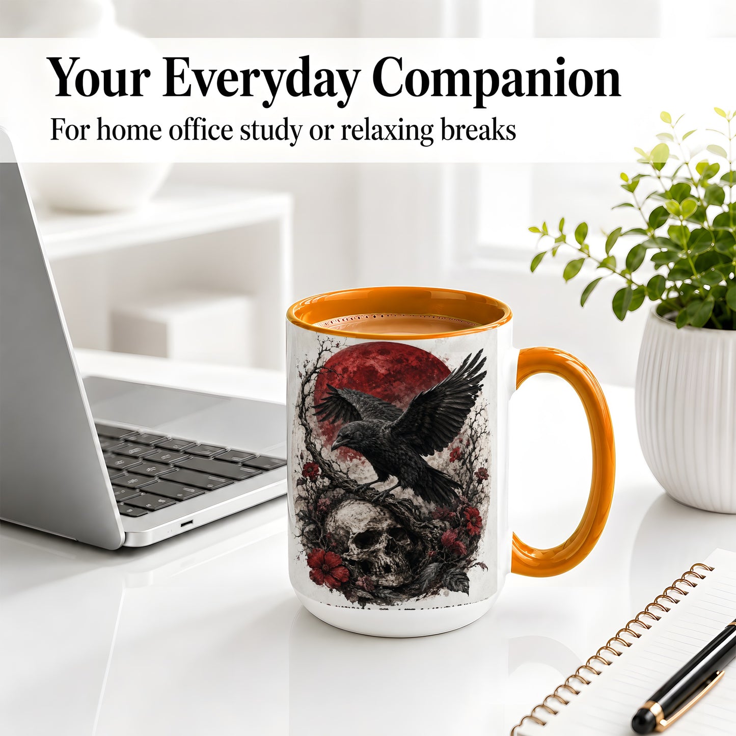 #pl[15oz|Orange] Raven Skull Ceramic Mug, Red Moon Gothic Floral Art for Raven Fans