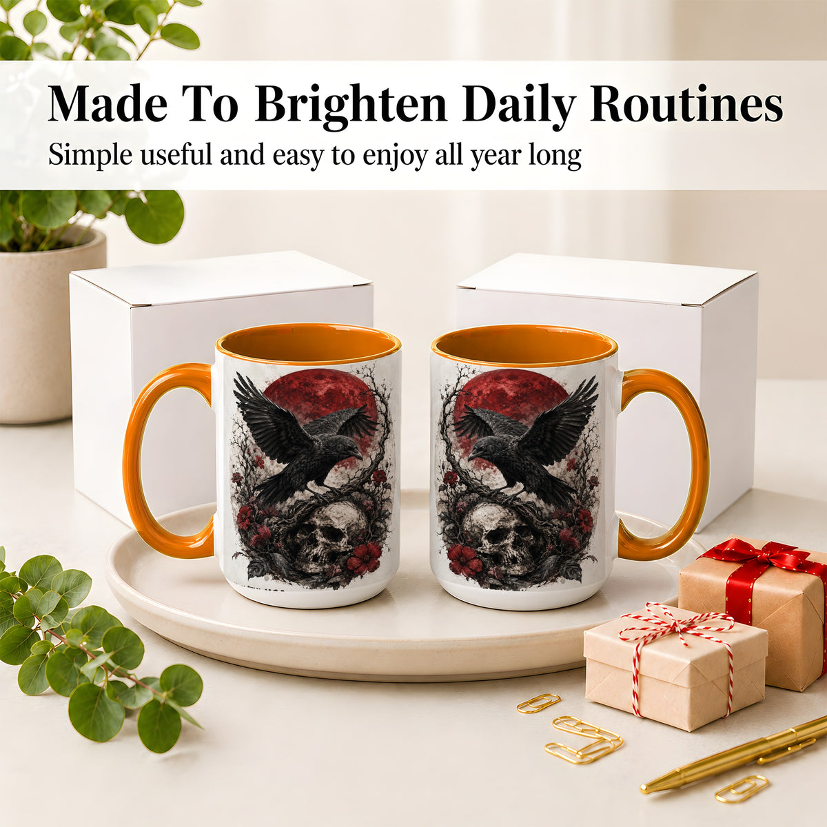 #pl[15oz|Orange] Raven Skull Ceramic Mug, Red Moon Gothic Floral Art for Raven Fans