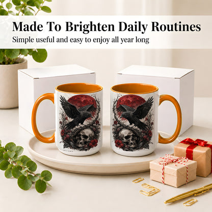 #pl[15oz|Orange] Raven Skull Ceramic Mug, Red Moon Gothic Floral Art for Raven Fans