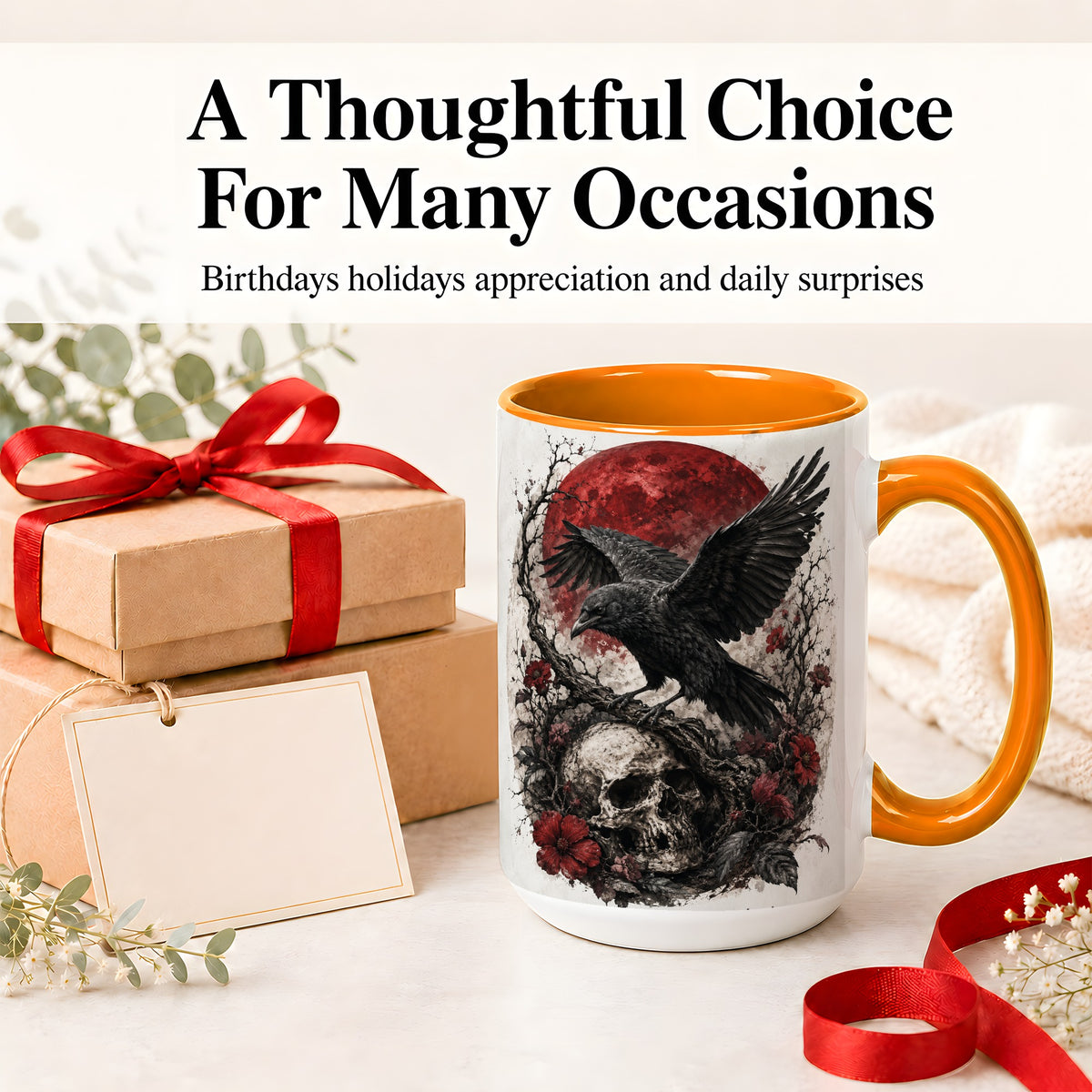 #pl[15oz|Orange] Raven Skull Ceramic Mug, Red Moon Gothic Floral Art for Raven Fans