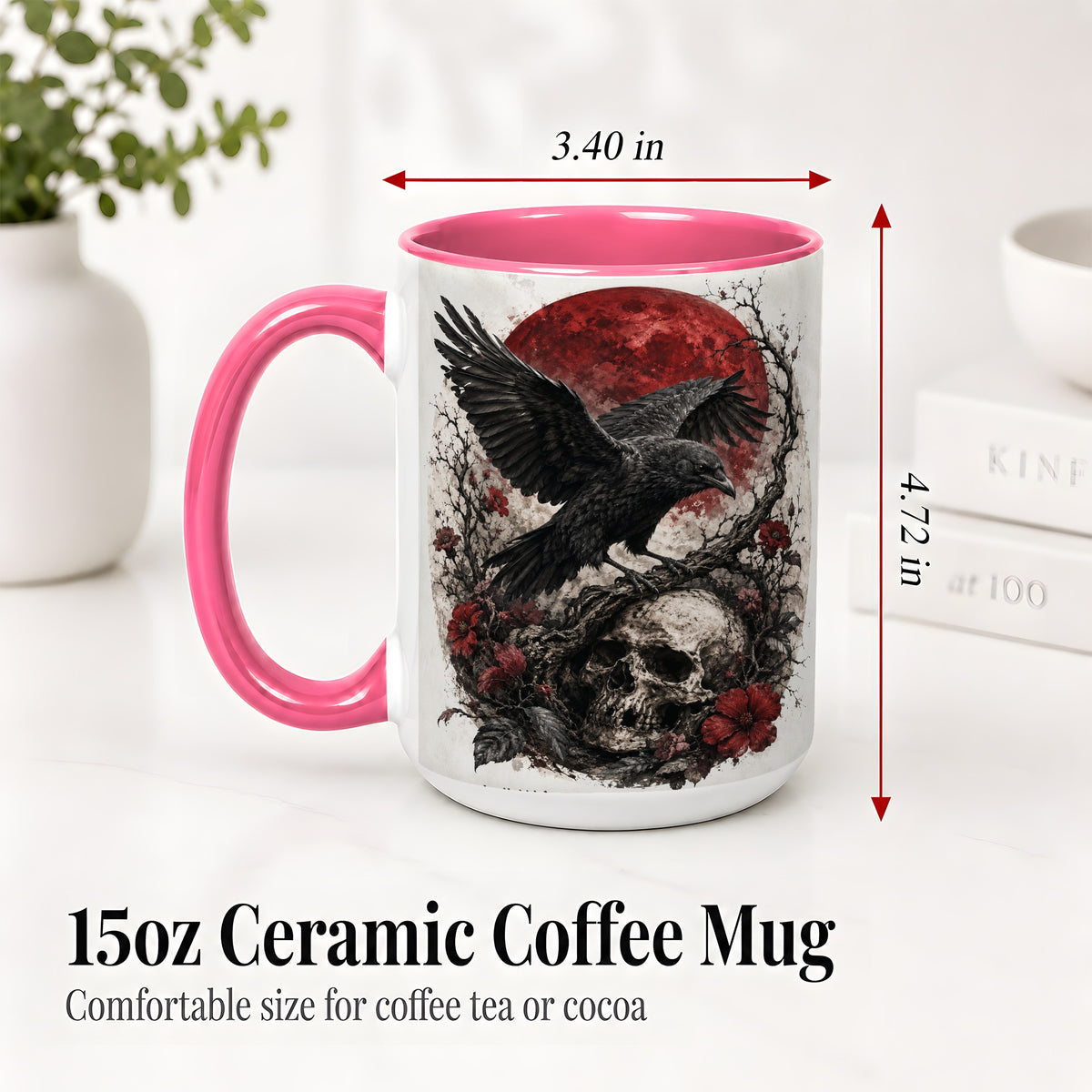 #pl[15oz|Pink] Raven Skull Ceramic Mug, Red Moon Gothic Floral Art for Raven Fans