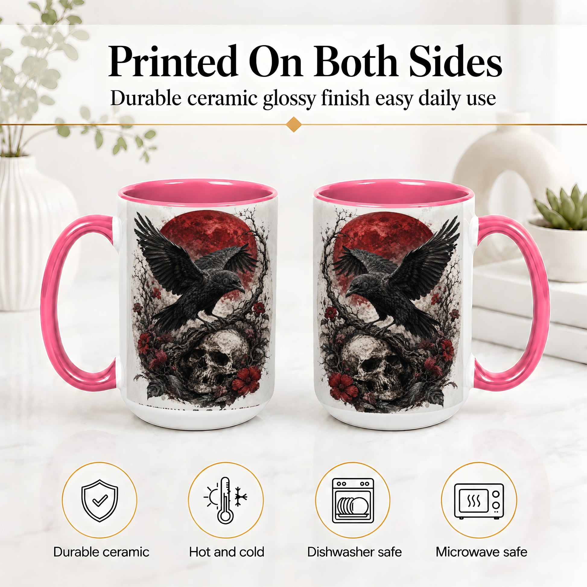 #pl[15oz|Pink] Raven Skull Ceramic Mug, Red Moon Gothic Floral Art for Raven Fans