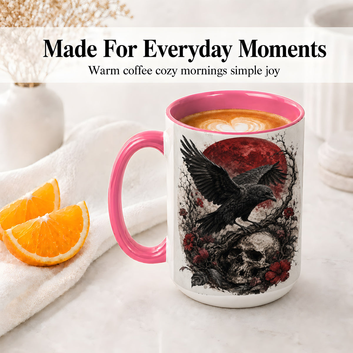 #pl[15oz|Pink] Raven Skull Ceramic Mug, Red Moon Gothic Floral Art for Raven Fans