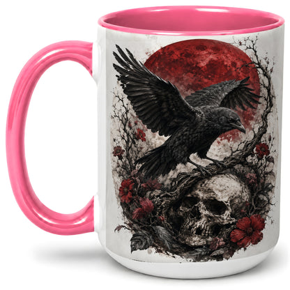 #pl[15oz|Pink] Raven Skull Ceramic Mug, Red Moon Gothic Floral Art for Raven Fans