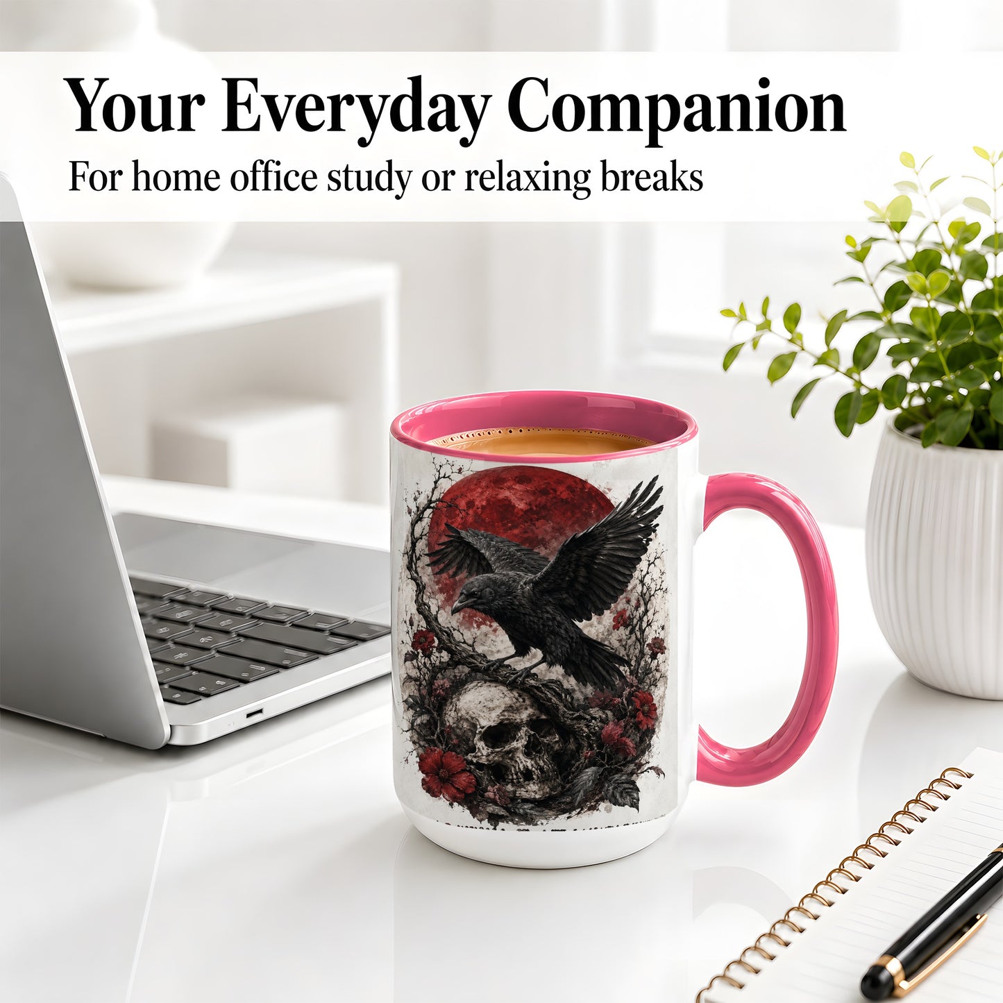 #pl[15oz|Pink] Raven Skull Ceramic Mug, Red Moon Gothic Floral Art for Raven Fans
