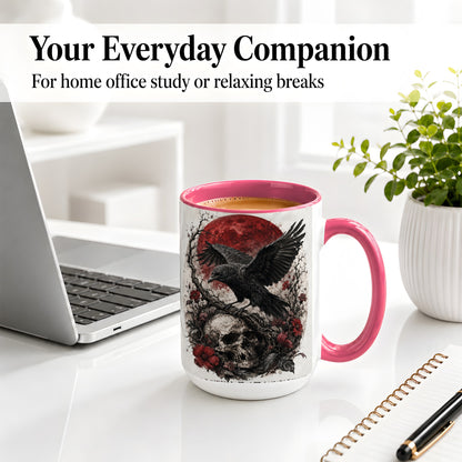 #pl[15oz|Pink] Raven Skull Ceramic Mug, Red Moon Gothic Floral Art for Raven Fans